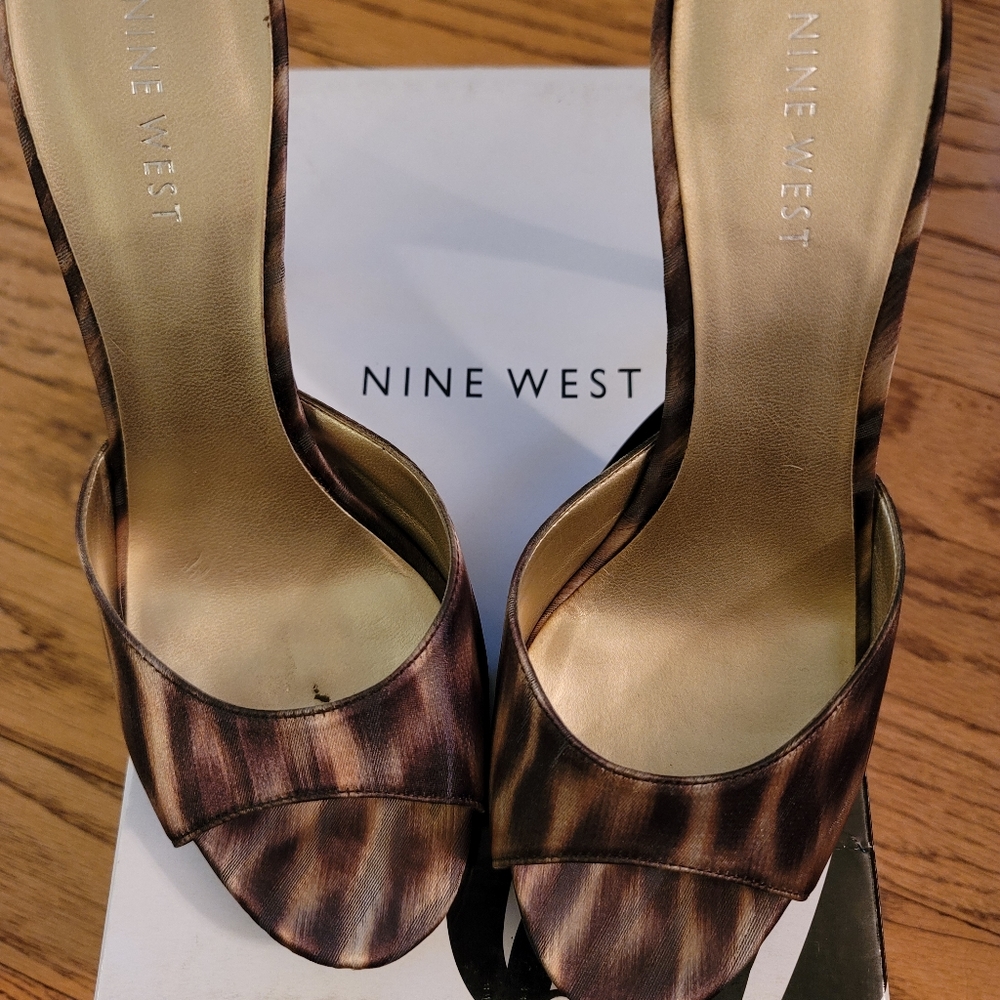 Gold Satin Nine West Heeled Slides, Size 5.5